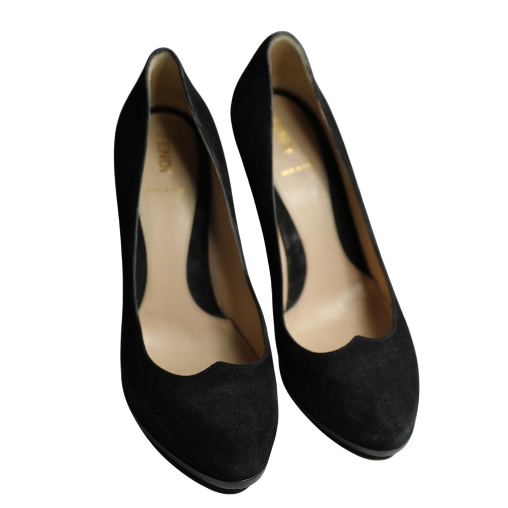 Fendi Black Suede Scalloped Vamp Almond Toe Pumps Heels Made in Italy Size 38